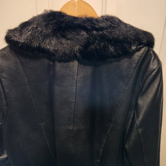 Wilson's Leather Womens Large Black Belted Leather Jacket Rabbit Fur Trim - Picture 5 of 12